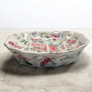Vintage Ceramic 80’s Soap Dish Peony Ribbon Pattern Scalloped Edge Made In Japan